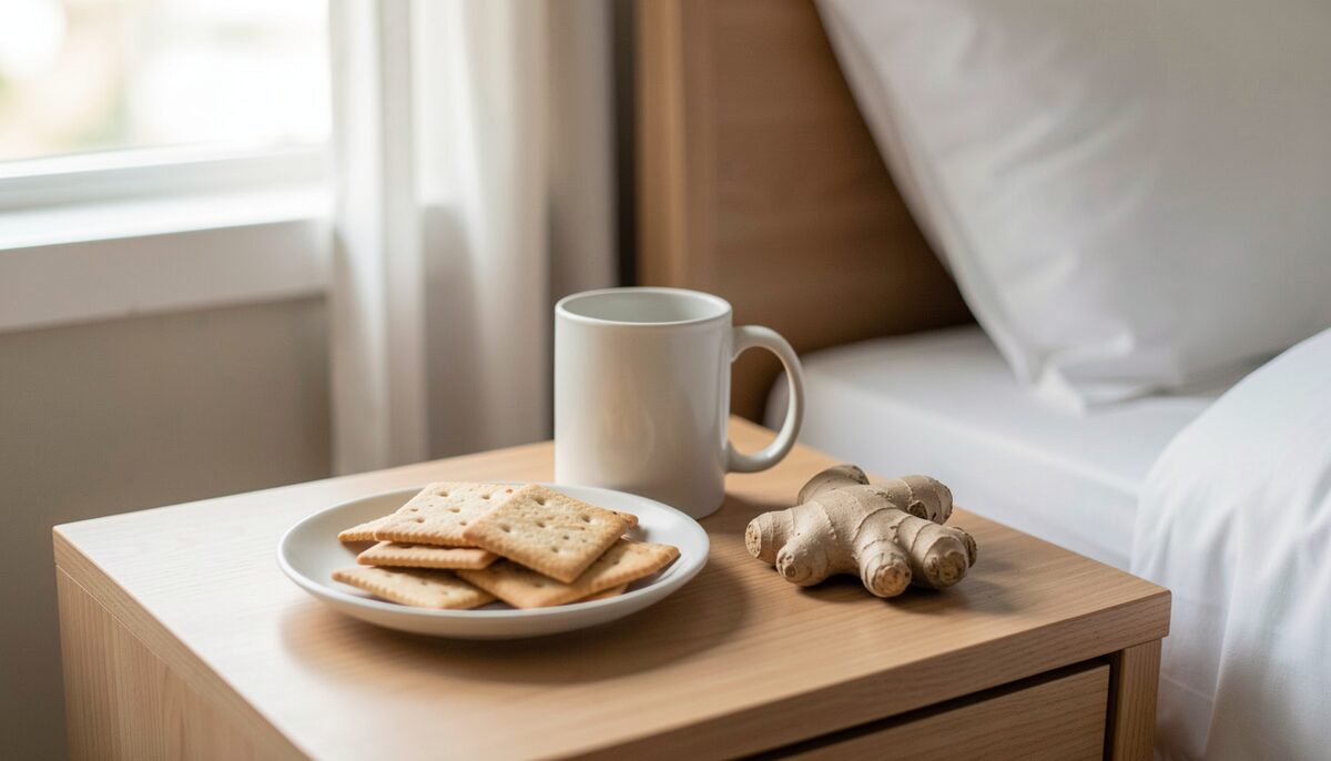 A plain white mug, a plate of dry crackers and a piece of ginger root on a bedside table in soft morning light