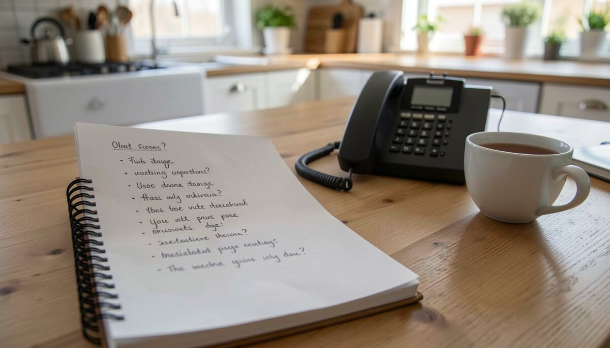 A spiral notebook open to a handwritten list of questions, beside a telephone and a cup of tea on a kitchen table