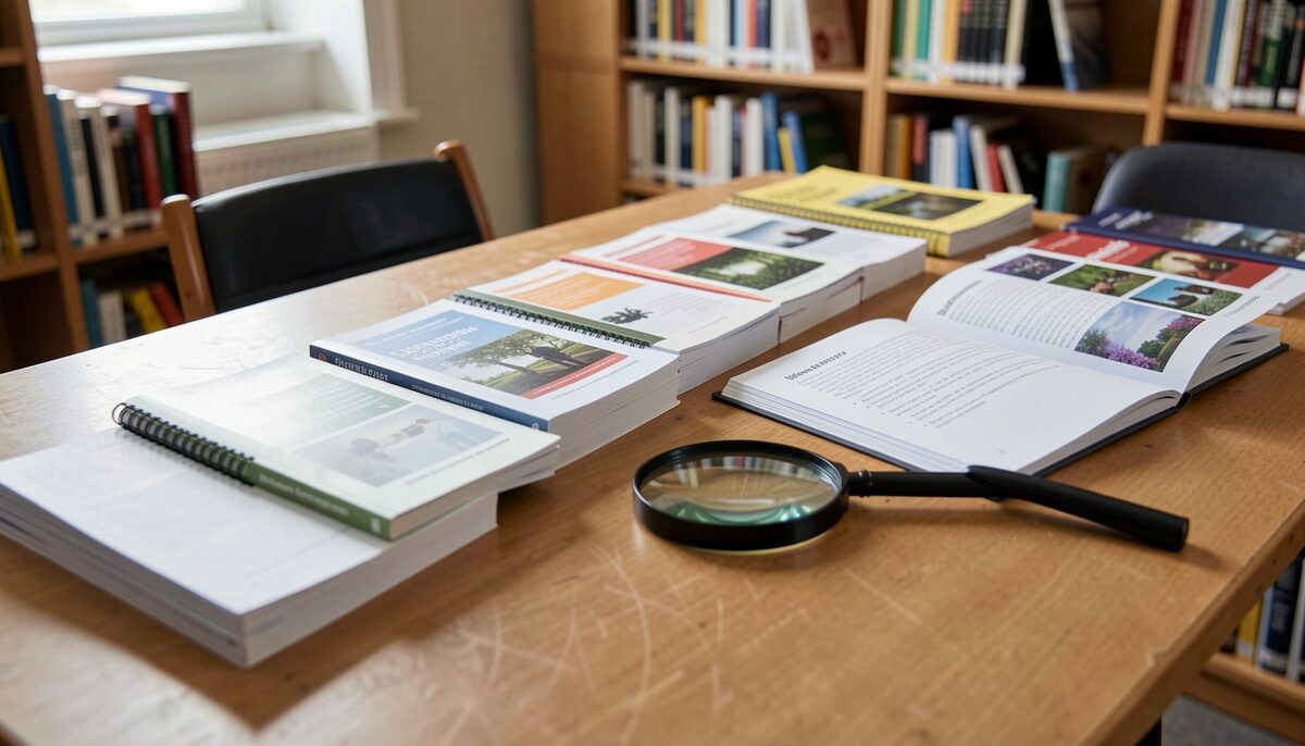 A row of printed directories and a magnifying glass on a library table, one directory open at an index page
