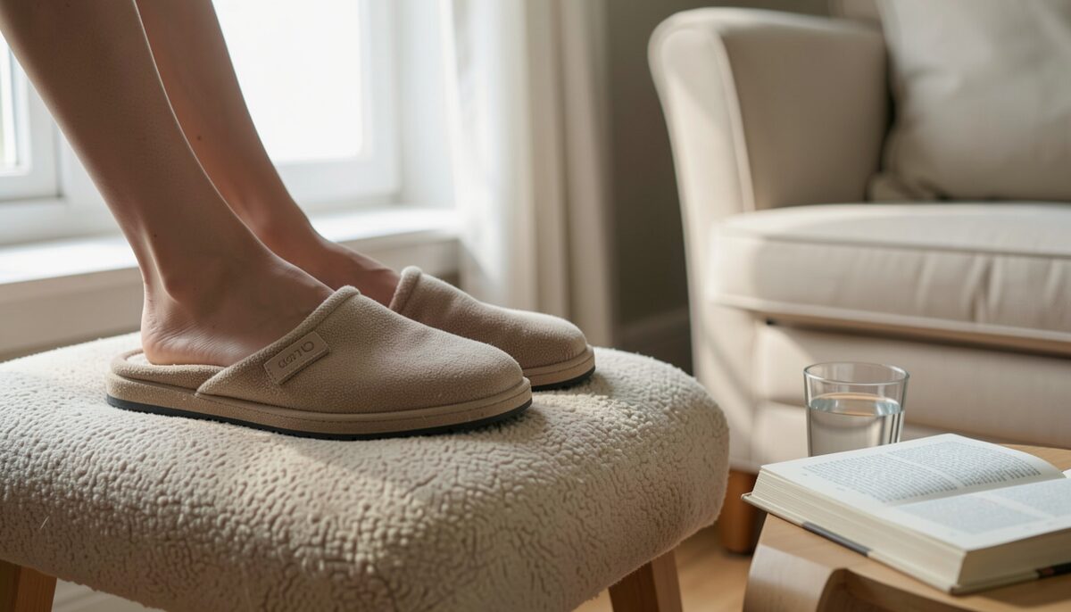 A pair of slippered feet resting on a soft footstool by a window, a half-read book and a glass of water beside a chair