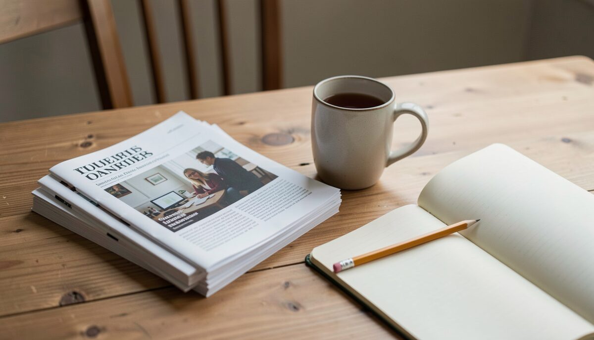 A small stack of printed journal papers on a table next to a mug of tea and a notebook with a sharpened pencil