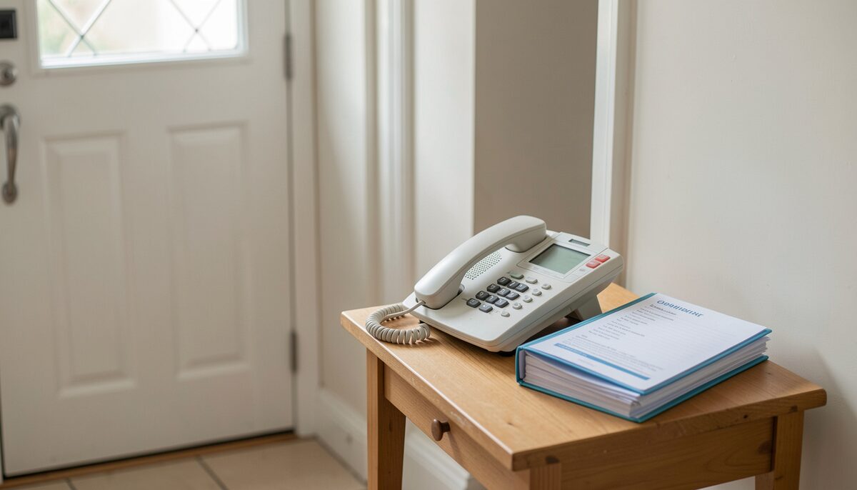 A landline telephone and a folded maternity notes folder on a hallway table near a front door